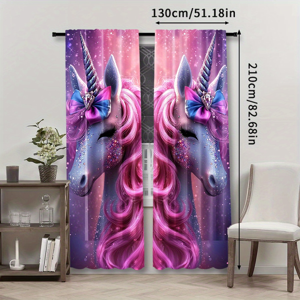TEMU 2pcs Pink Unicorn Light Filtering Curtain Set - Rod Pocket Privacy Window Drapes For Bedroom, Living Room & More - Machine Washable Polyester