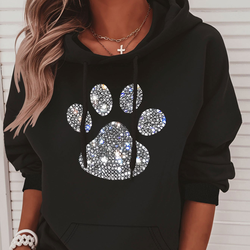 

Glitter Paw Print Lounge Top For Fall & Winter, Long Sleeve Hooded Drawstring Pullover Sweatshirt With Kangaroo Pockets, Women's Loungewear