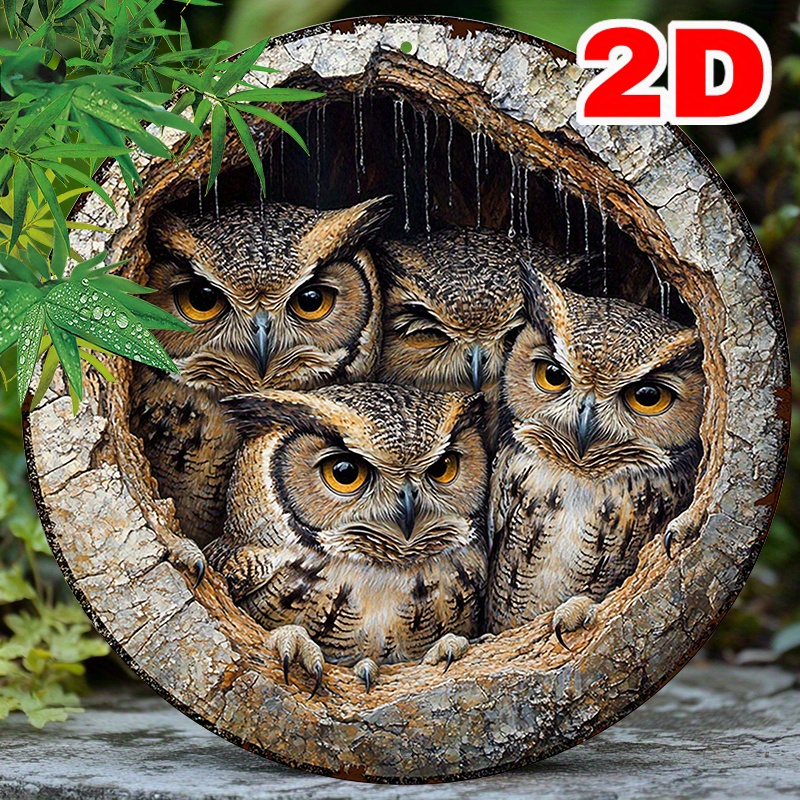 

Chouettes Charmantes dans un Arbre - Art Rond en Aluminium de 8x8", Design Métallique Creux pour la Décoration de & Cadeaux