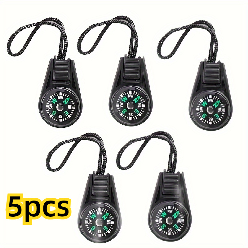 TEMU 5pcs Compact Water-resistant Mini Compasses With Lanyard - Durable Abs Acrylic, Black With Green , Essential Outdoor Adventure Tool For Hiking,