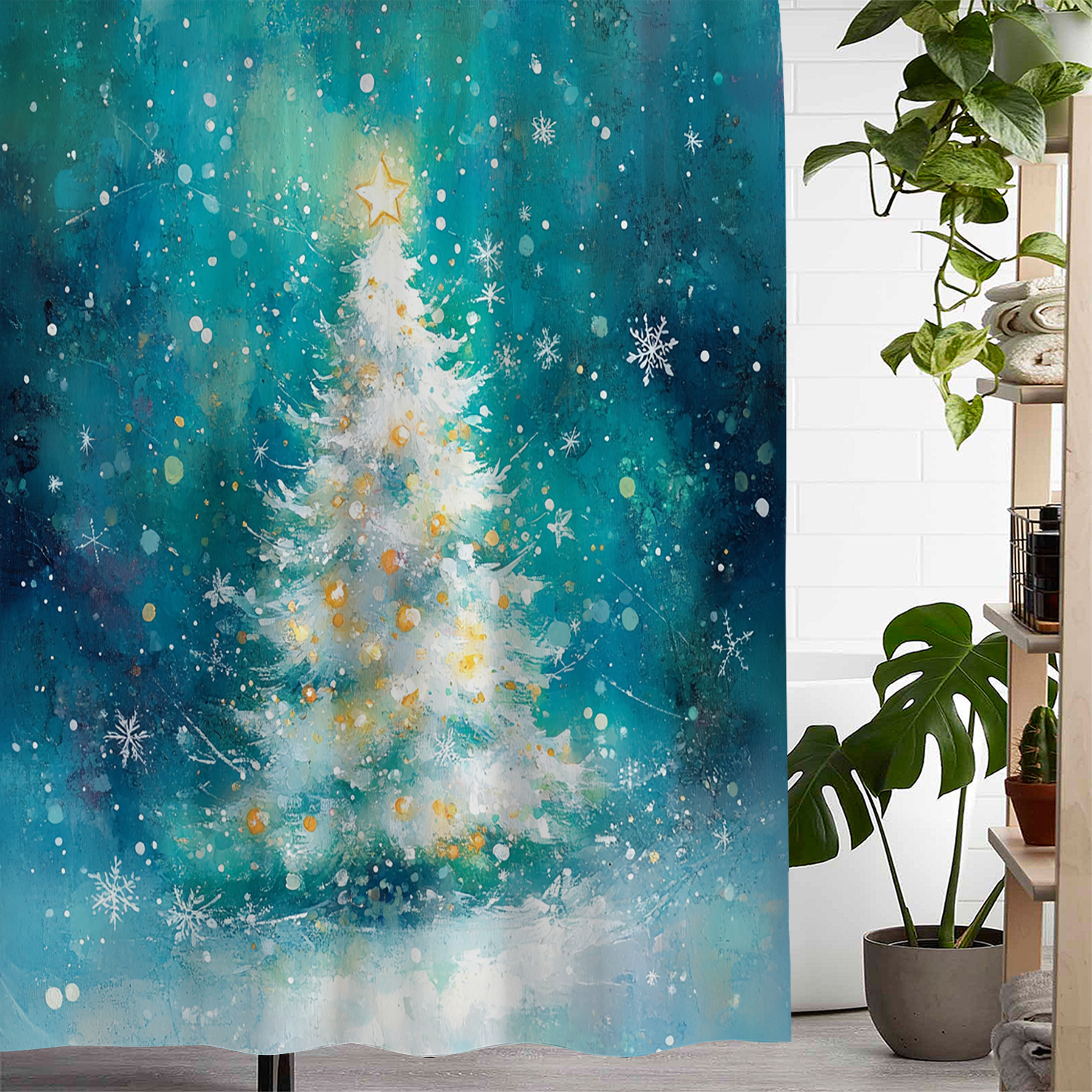 

Christmas Tree Shower Curtain: Waterproof, , 72"x72" With 12 Hooks, Suitable For Windows And Bathrooms