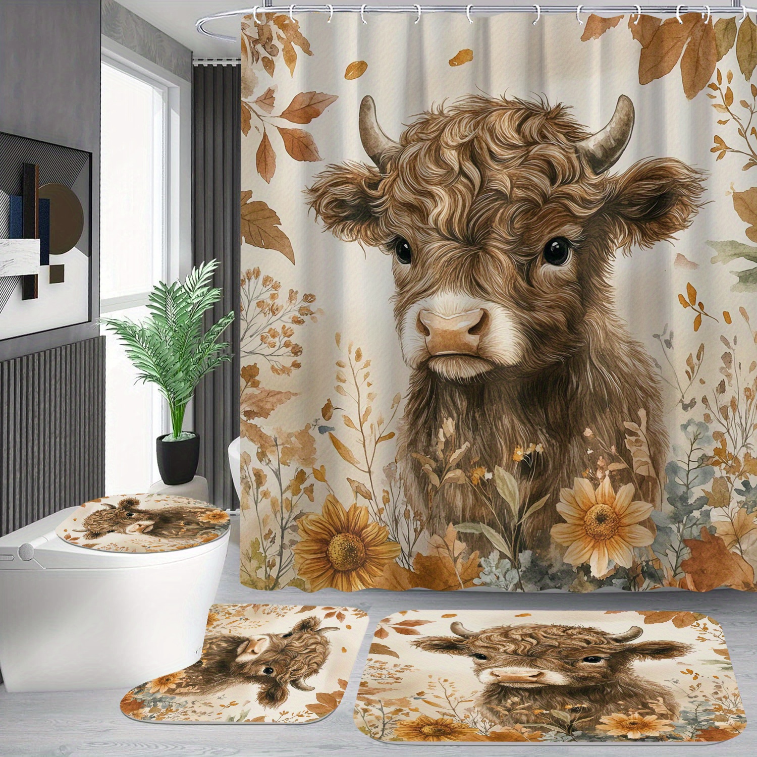 

Floral Cow Pattern Shower Curtain Waterproof 12 Hooks Suitable For Room Machine Washable Curtain Waterproof Bathroom 1pc/4pcs