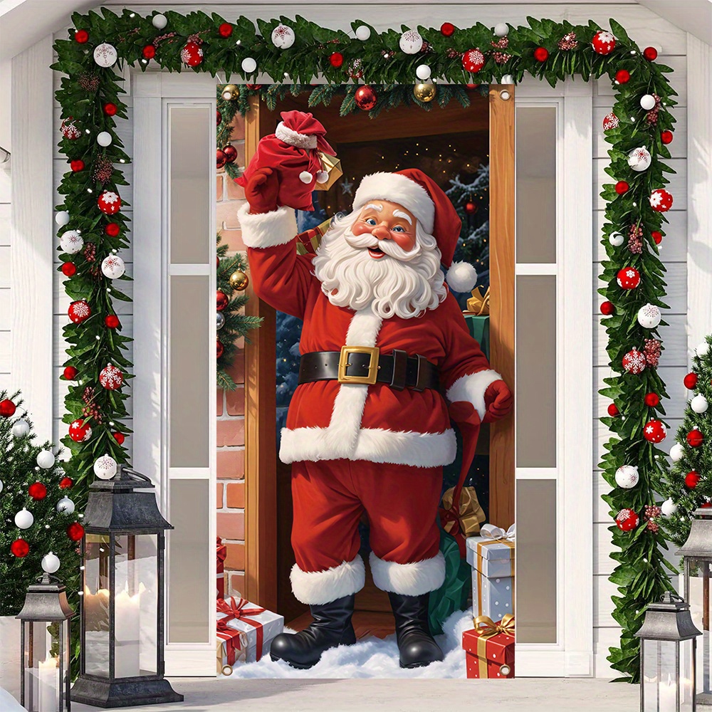 

Festive Santa Claus Christmas Door Cover - Vibrant Polyester Holiday Banner For Home Entryway, New Year & Winter Celebrations, 70x35 Inch