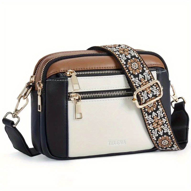 

1pc Crossbody Bag For Women, Colorblocking Embroidery, Polyester Lined, ,