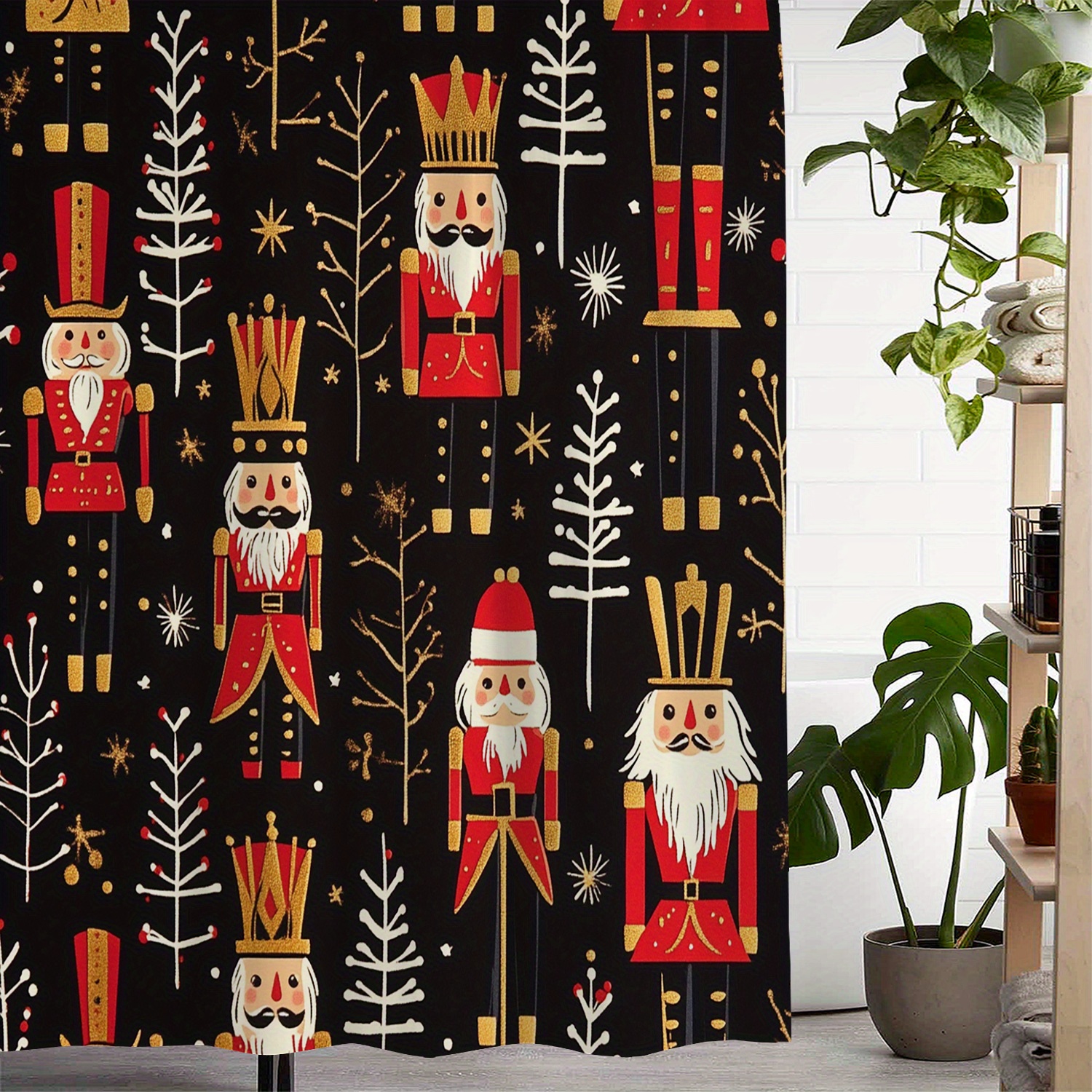 

Nutcracker Christmas Waterproof Bath With Artistic Print, Polyester Woven Fabric, Machine Washable, Includes 12 Hooks - Water-resistant Bathroom Decor