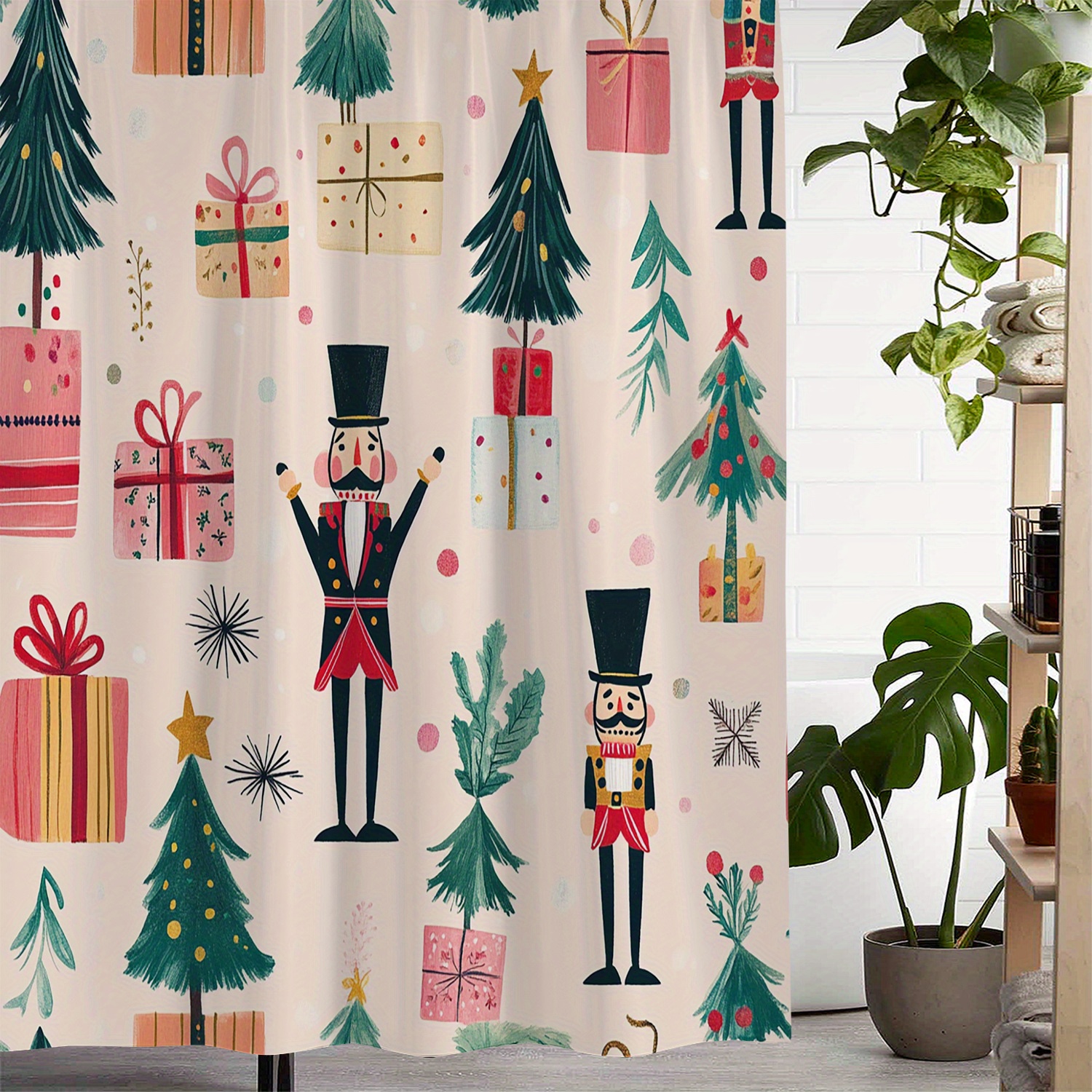 

Open A Christmas Tree Gift Box Christmas Shower Curtain Printed Waterproof Bath Curtain, Curtain With 12 Hooks Curtain For Windows