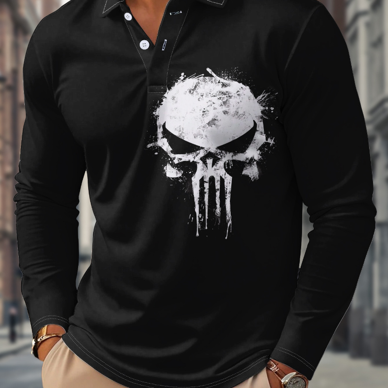 

Men's Long Sleeve Polo Shirt With Geometric Skull Print - Casual Knit Fabric, Regular Fit, Lapel Collar, Slight Stretch, Button , 100% Polyester