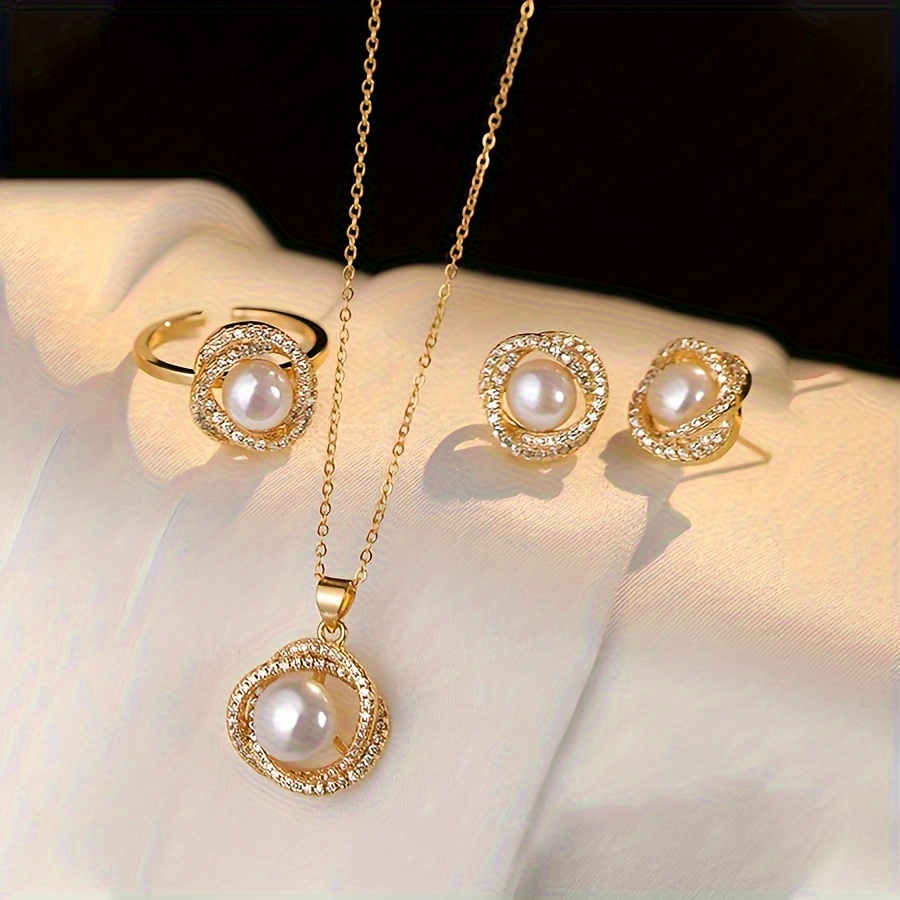 

Women's Elegant 4 Piece Jewelry Set - Sparkling Faux Pearl And Rhinestone Pendant Necklace, Earrings And Ring - Suitable For Casual Wear Or Gift