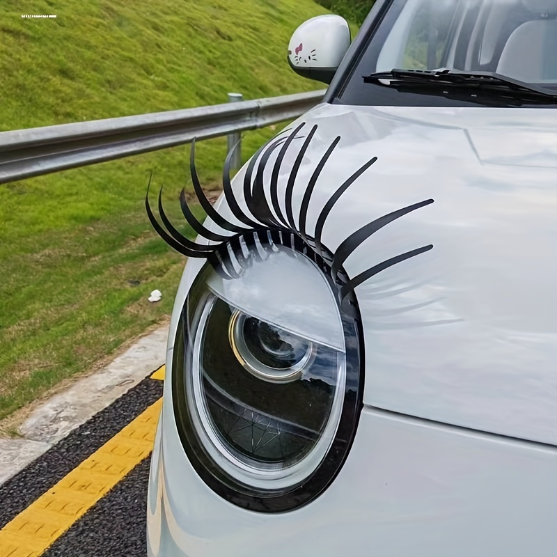 

1 Pair 3d Rubber Black False Eyelash Car Headlight Stickers - Self-adhesive, Decorative, Visibility,