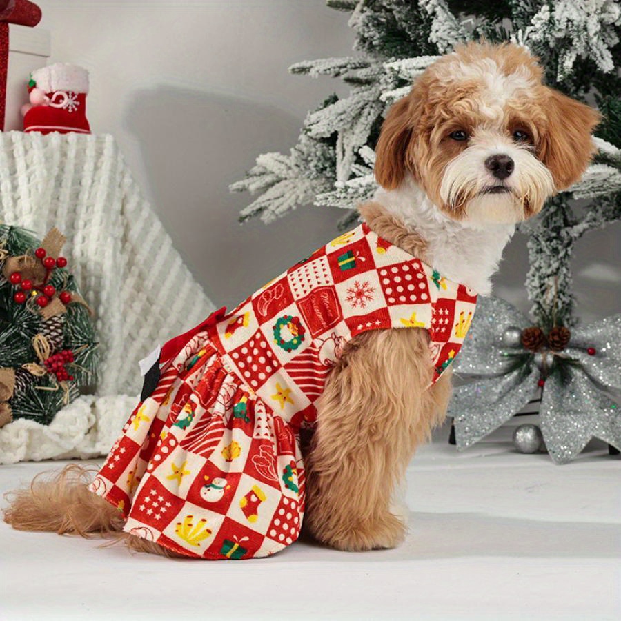 1pc festive polyester christmas dog dress with bow knot - warm woven  princess skirt for small breeds - press closure - for chihuahua, yorkie,  and small pets | Free Shipping On Items