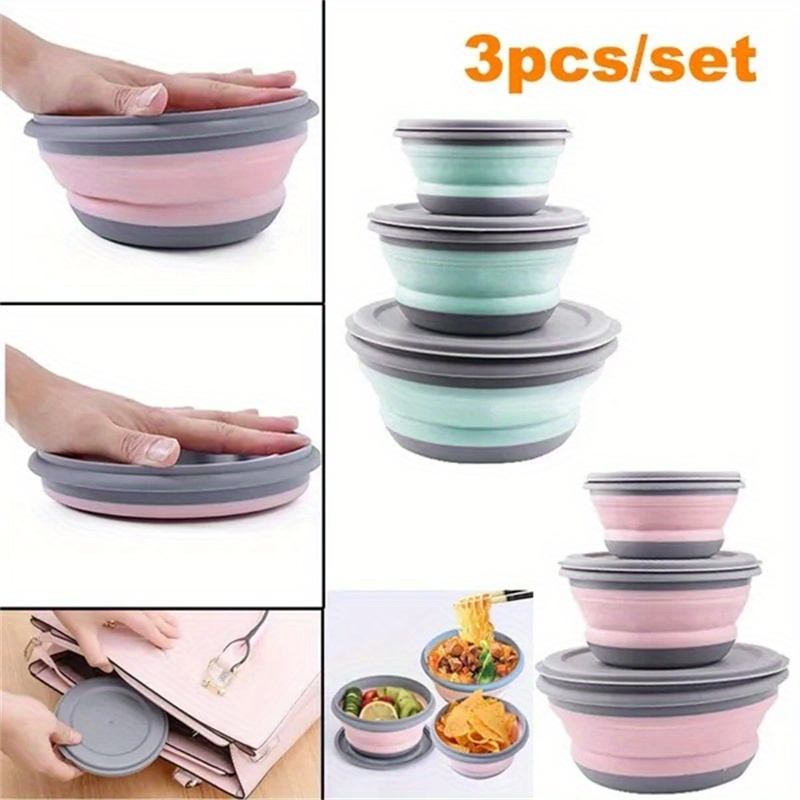 

3pcs Silicone Folding Bowl Set In Blue/pink - Bpa-free, Leak-proof & With Clear - Space-saving, Collapsible Design For Food Prep & Storage - Camping, Travel &