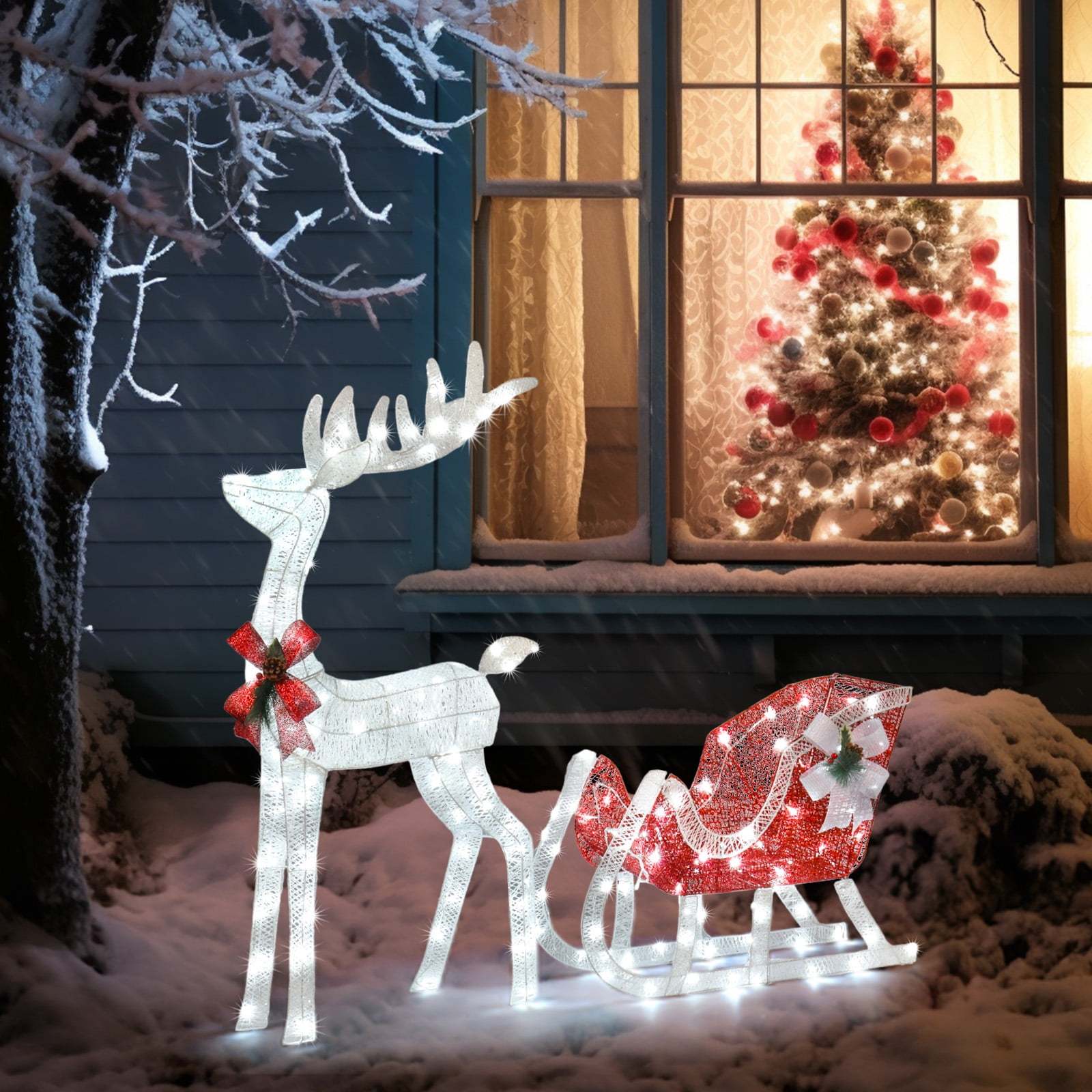 

Lighted Christmas 4ft Reindeer & Sleigh Set Decoration Set Decoration Led Lights, Stakes - Silver