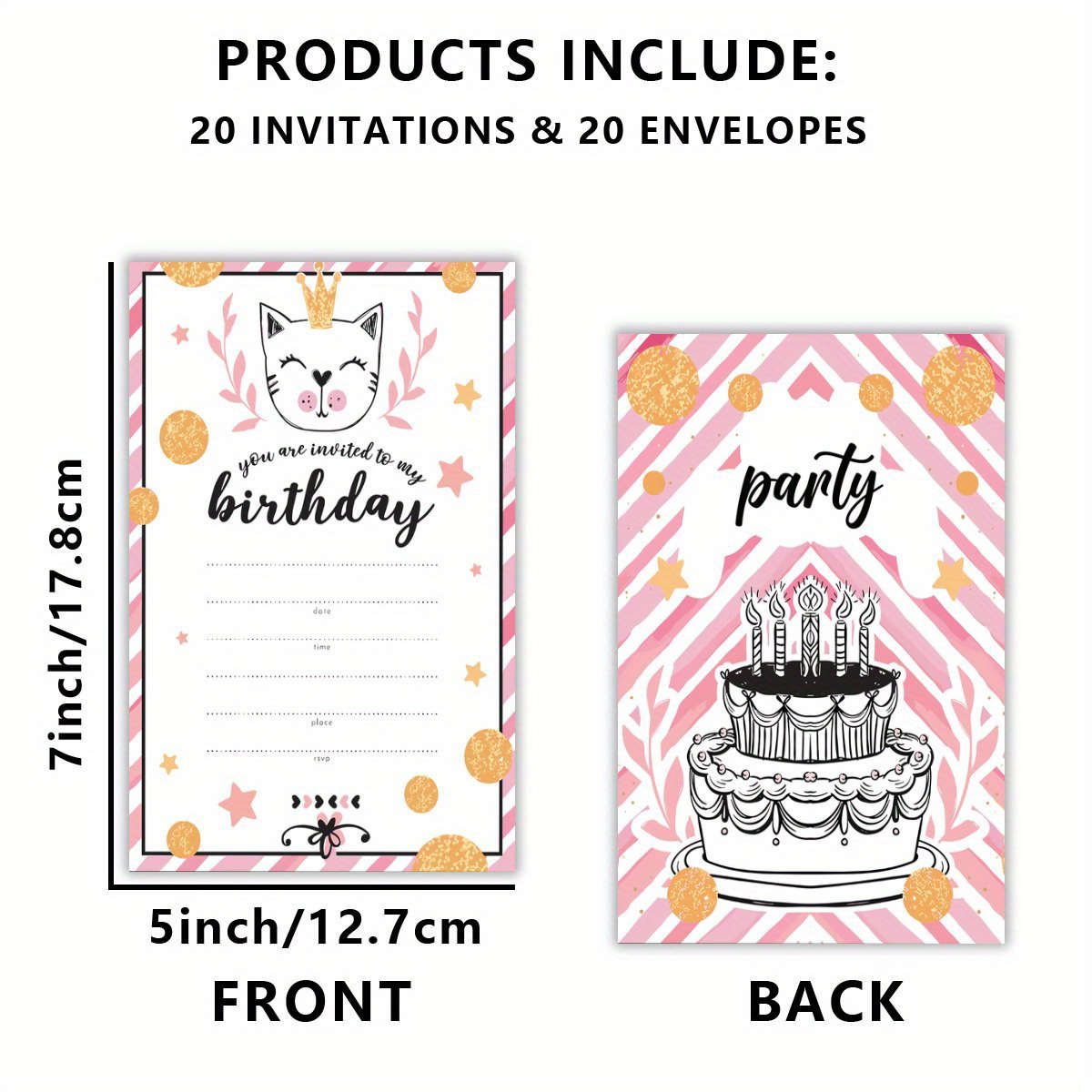 TEMU Set Of 20, Birthday Invites Featuring A Cartoon Pink Kitten, A Birthday Celebration, Themed In Pink For A Festive Party, Includes Envelopes