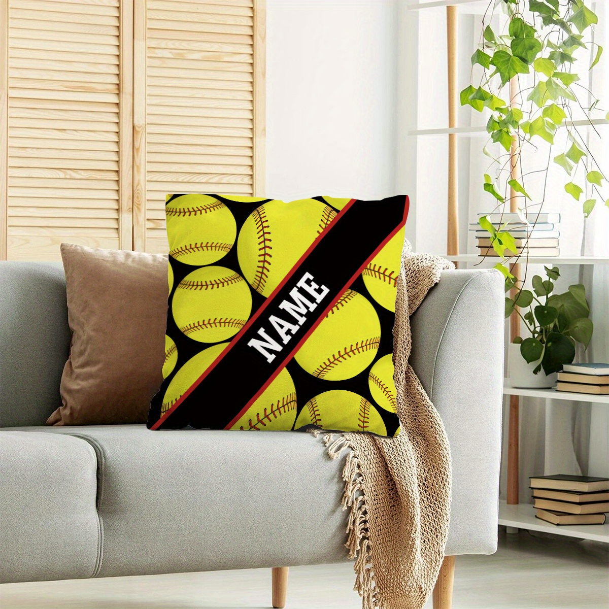 

Custom Softball Pattern Square Pillowcase - 1pc Personalized Name Cushion Cover With Zipper Closure, Knit Fabric Polyester Home Decor Accent For Sofa, Bedroom, And Study - Ideal Gift For Sports Lovers