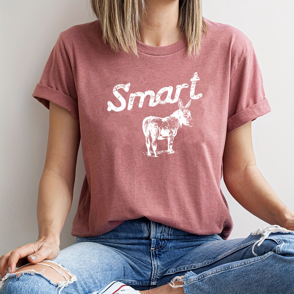 여성용 스마트 당나귀 그래픽 티 - diy 열전사 스티커가 있는 캐주얼 블랙 티셔츠, 의상 및 액세서리에 이상적