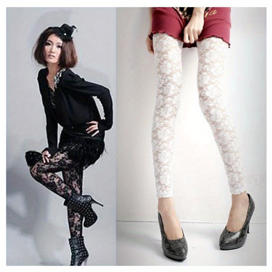 

Chic High-waist Floral Lace Sheer Leggings For Women - Elegant Slim Fit With Band, Breathable Polyester , Summer Fashion