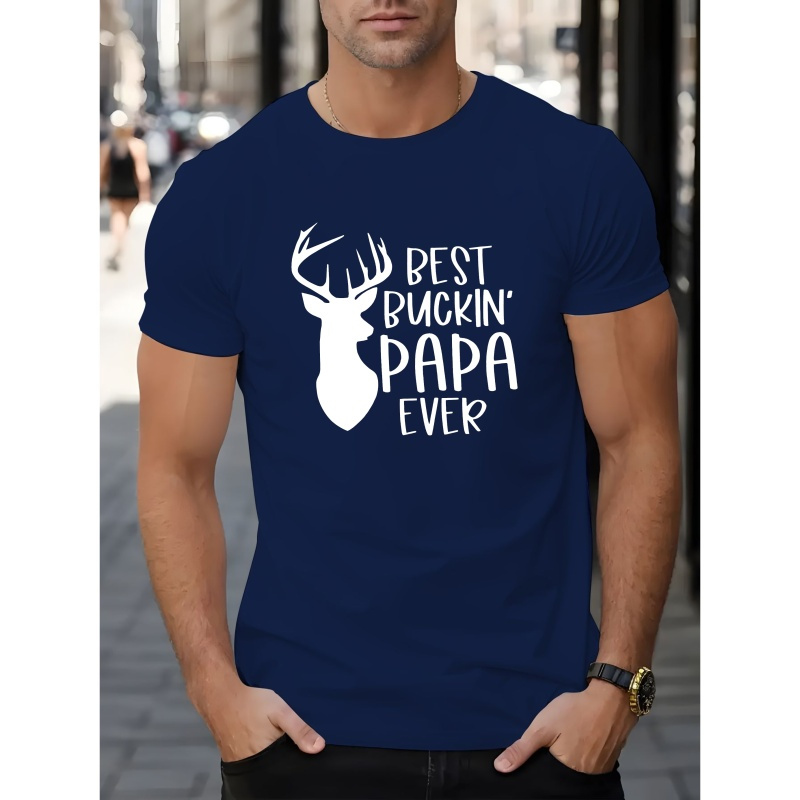 

Men's Best ' Papa Ever Graphic T-shirt - Casual Crew Neck Short Sleeve Polyester Knit Fabric Top With Slight Stretch, Regular Fit Summer Tee With Printed Design