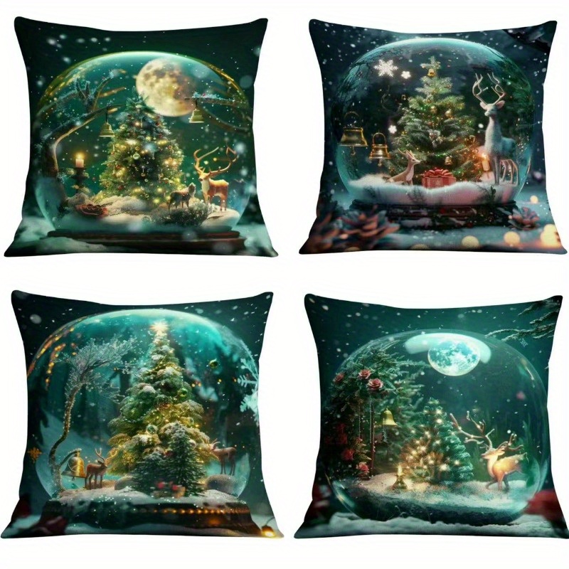 

Vintage Christmas Tree And Reindeer Linen Throw Pillow Covers Set Of 4, Woven Zippered Pillowcases, Home Decor For Room Types, Hand-wash Only - Green Holiday Cushion Covers
