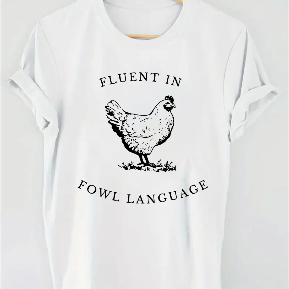 

Women's In Language Graphic Tee, Casual Crew Neck Short Sleeve T-shirt, 100% Polyester Knit Fabric, Geometric Chicken Print Top