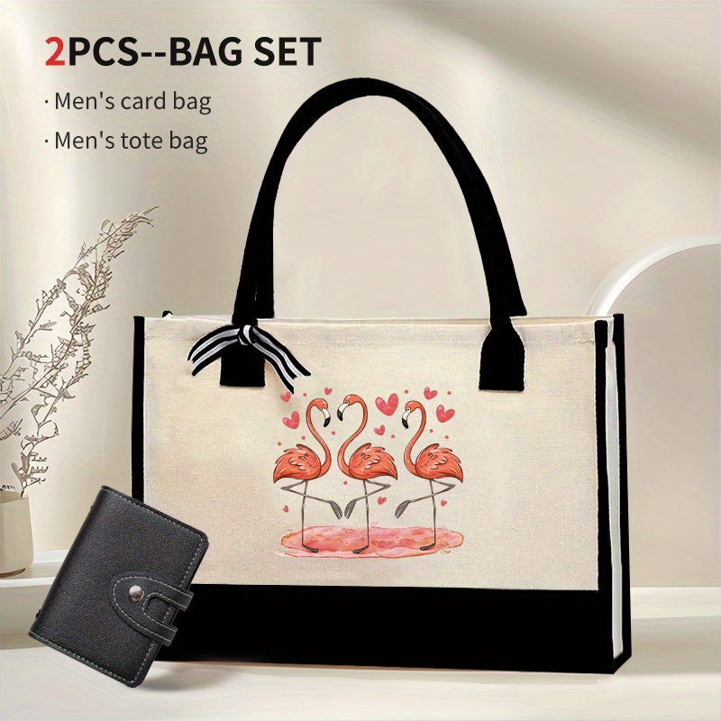 

2pcs Flamingo Print Tote Bag Set With Wallet - Foldable Canvas Shoulder Bag With Bow Detail, Knit Fabric, Polyester Lined, Large Capacity 24 Card Slots, Ideal For Beach, , Back To School, Daily Use