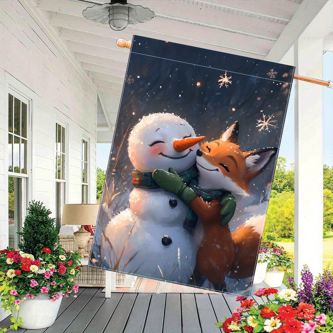 

1pc Garden Flag, 28 X 40 Inch Double-sided Polyester Flag, Snowman And Fox Design, Pattern, Seasonal Lawn Decoration Without Electricity