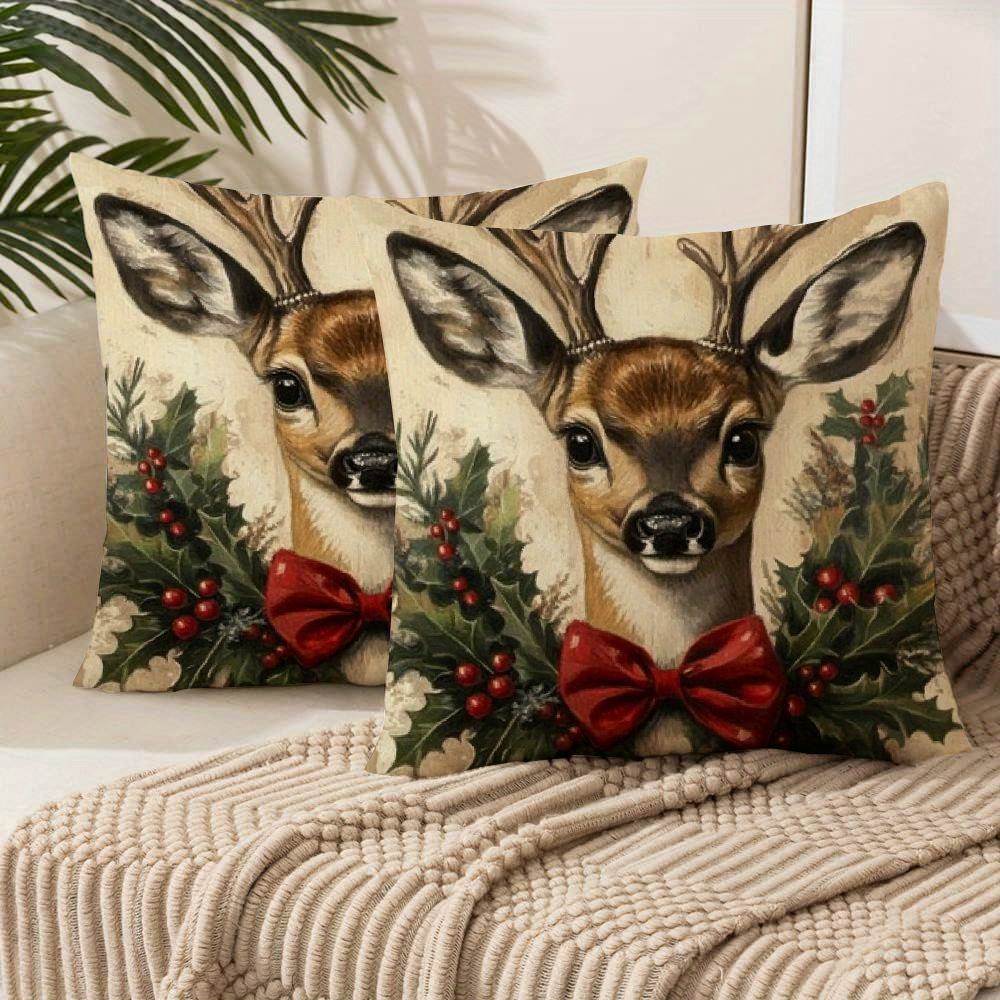 

2-pack Ynzllo0ord Christmas Deer Pillow Covers, Farmhouse Holiday Decor, Winter Throw Cushion Cases, Polyester, Zippered, Machine Washable, For Home Couch Decor