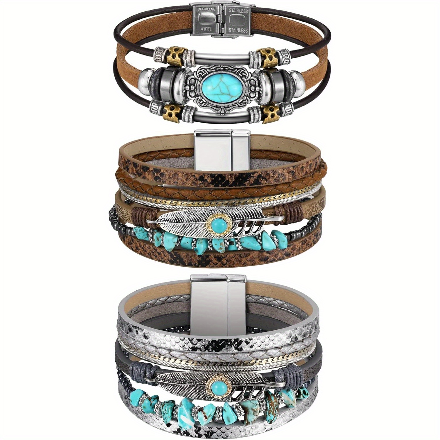 

3 Pieces Boho Style Bracelet, Women's Faux Leather Cuff Bracelet, Multi-layered Western Jewelry, Crystal Bracelet