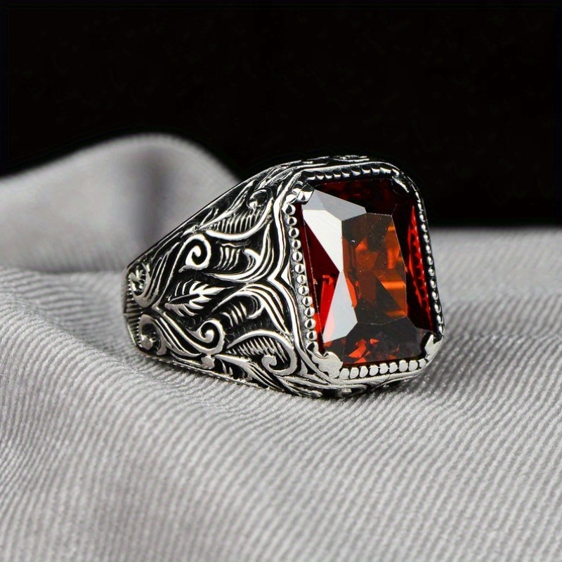 

1 Silver New Ring, Personalized, Fashionable, Creative, Inlaid With Square Red Zircon, Men's Date Ring