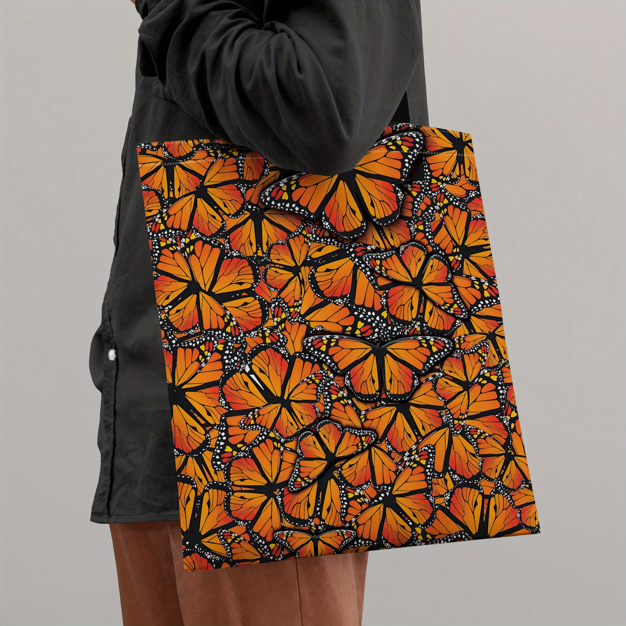 

Monarch Butterfly Print Polyester Tote Bag - High Density Fabric Shoulder Bag With Wide Straps, Washable And Reusable, 1pc