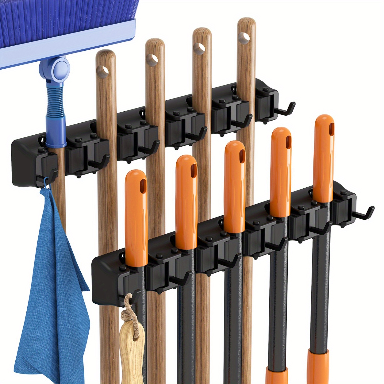 

2 Pack, Anti-slip Broom Hanger For Kitchen Organization, Mop And Broom Holder Wall Mount, Heavy Duty Cleaning Supplies Organizer, Tool Organizer For Closet, Garage, 5 Slot 6 Hooks