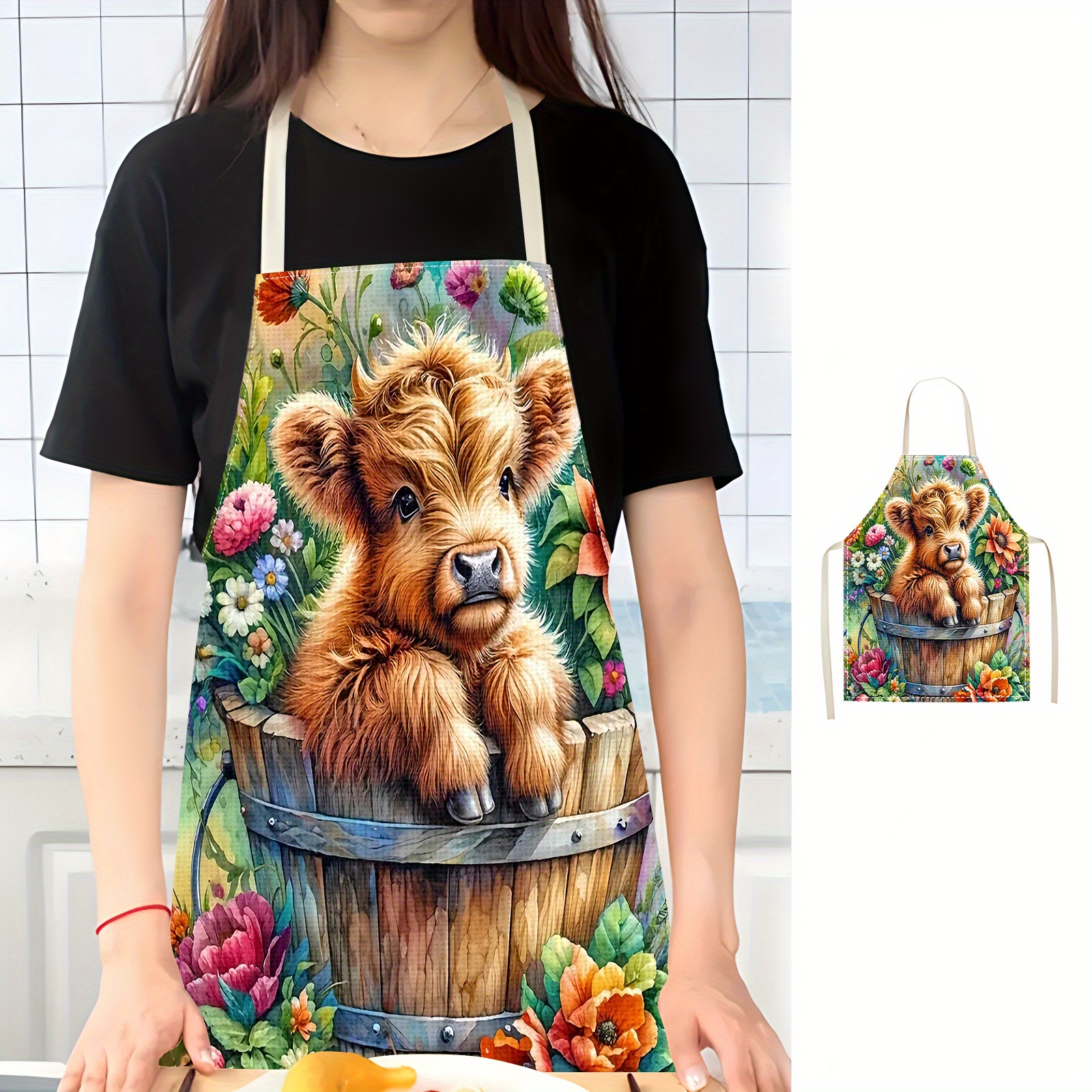 

Cute Highland Cow Print Apron - 1pc Polyester Waterproof Oil-resistant Kitchen Cooking Apron For Baking, Restaurant, Cafe, Bbq, Painting, Hairdressing, Unisex Adult Chef Waitress Apron For