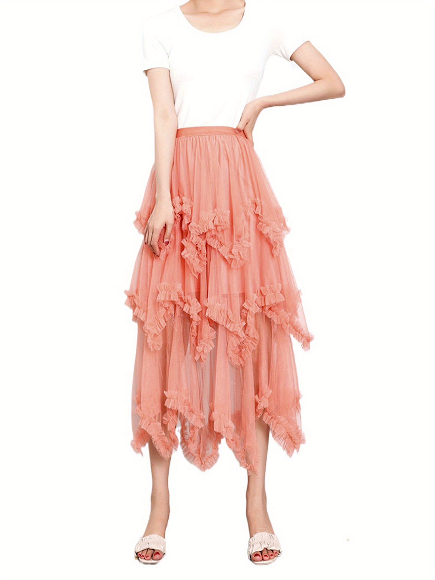 elegant high waist tulle midi skirt frill trim solid color - Temu