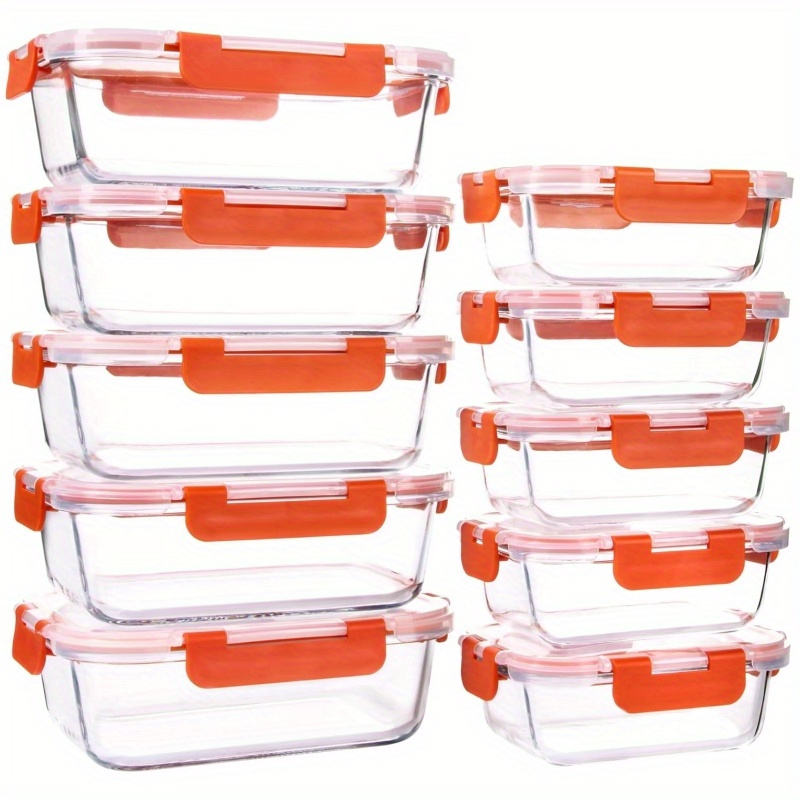 

10pcs Glass Food Storage Containers With , Leak-proof, Airtight, Microwave & Freezer Safe, Reusable Lunch Prep Boxes, 34oz & 12oz, With Orange For Lunch Prep