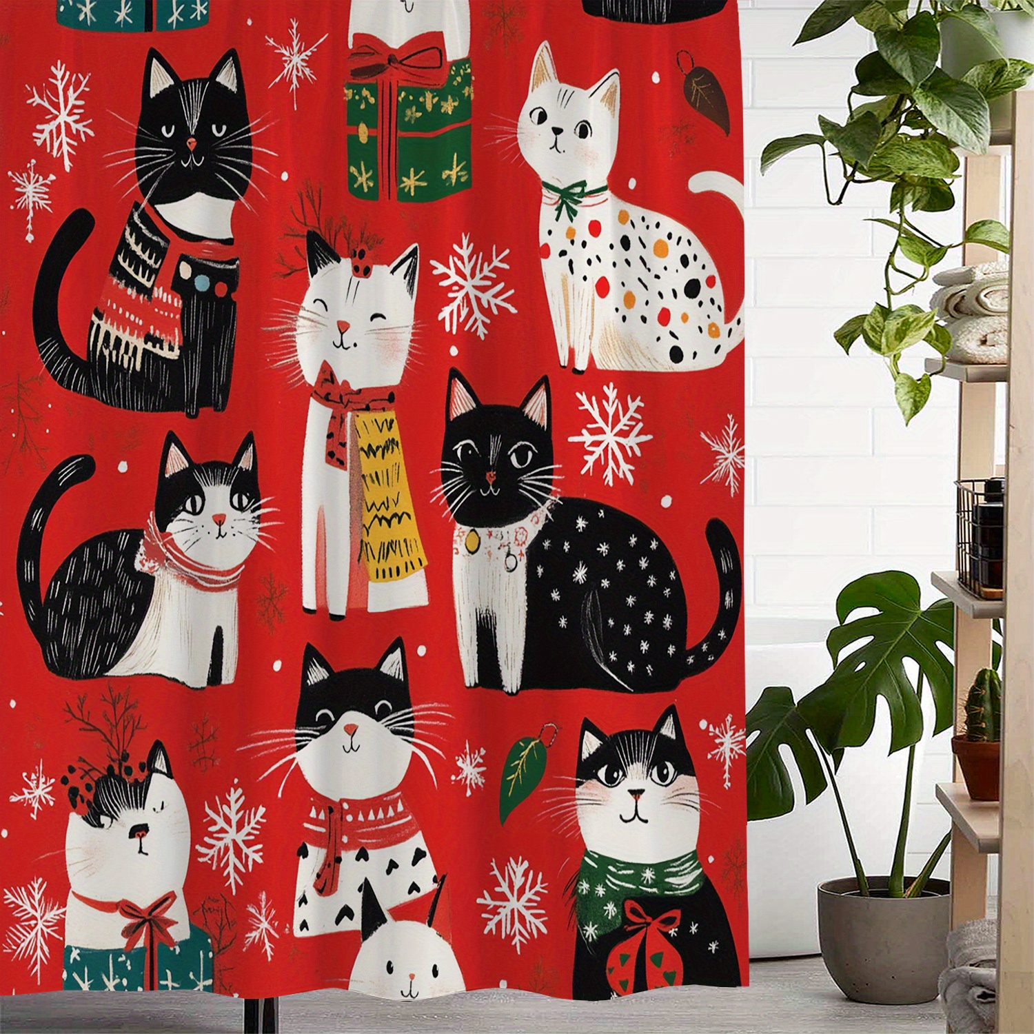 

A Christmas Cat And Shower Curtain With Waterproof Printing, Including 12 Hooks, Curtain For Windows