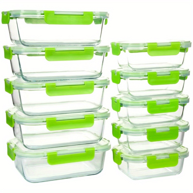 

10pcs Glass Food Storage Containers, Leak Proof, Airtight, Microwave & Freezer Safe, Reusable Lunch Prep Boxes, With Green For Meal Prep