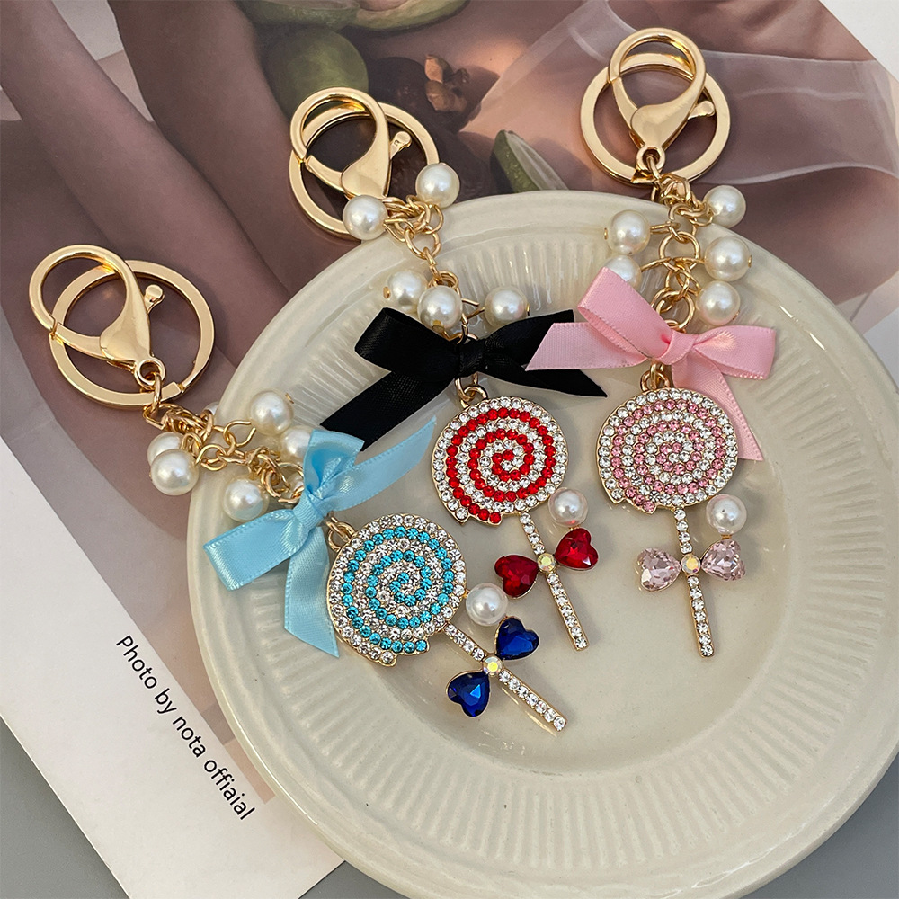 

Elegant Women's Lollipop Keychain With Pearls & Rhinestones - Golden-tone Metal, Bow Accent, Car Keys & Bag Charm