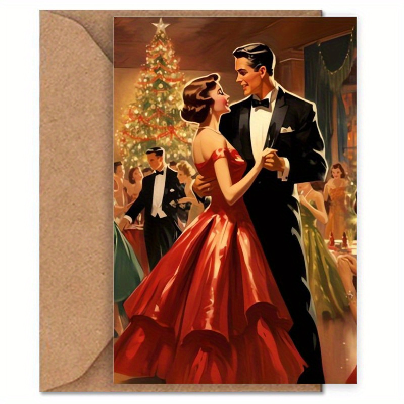 

Vintage Holiday Ballroom Dance Christmas Greeting Card, Elegant Couple Celebrating, Seasonal Note Card, Christmas Tree Decor, Ideal Gift For Relatives And , 1pc