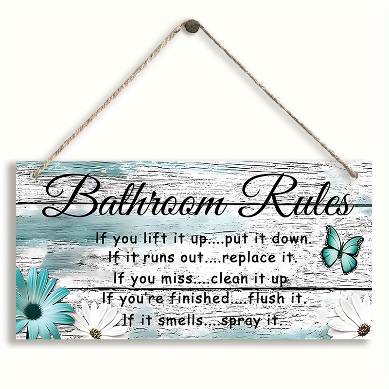 

1pc Rustic Wooden Bathroom Rules Sign With Daisy And , Funny Farmhouse Toilet Decor, Wall Hanging Bathroom Accessories