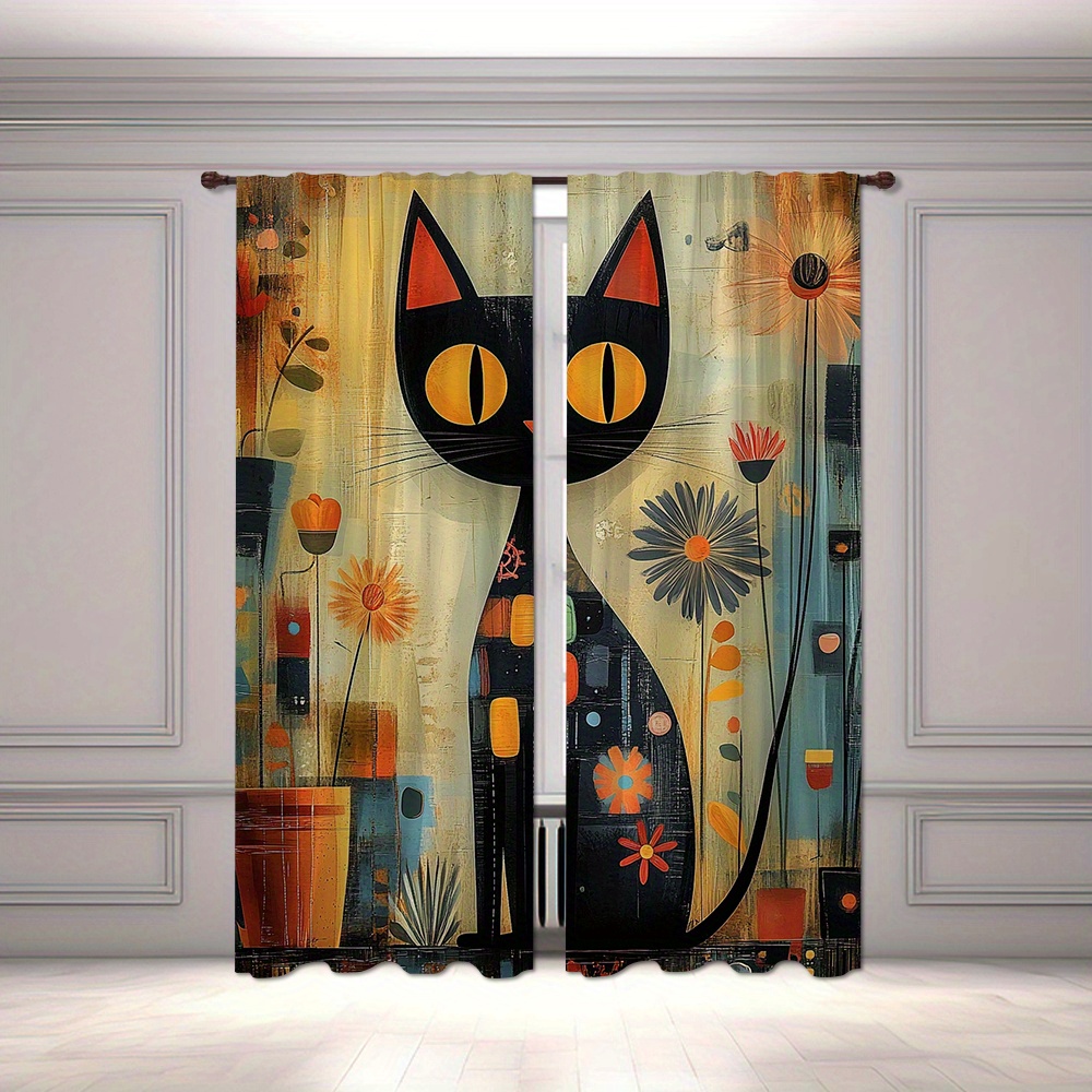 

2pcs Set Rustic Black Cat & Sunflower Print Curtains - Rod , Polyester, Living Room, Kitchen, Dining Decor (rod Not Included)