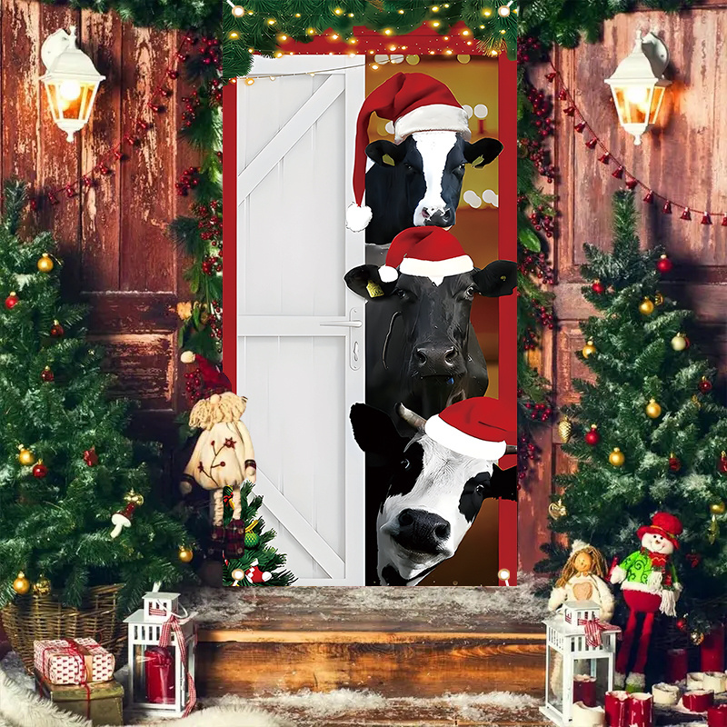 

1pc Christmas Cow Door Banner Tapestry - Polyester Wall Hanging With Cows In Santa Hats - Reusable, Washable Room Decoration For Winter And Celebrations, No Electricity Needed