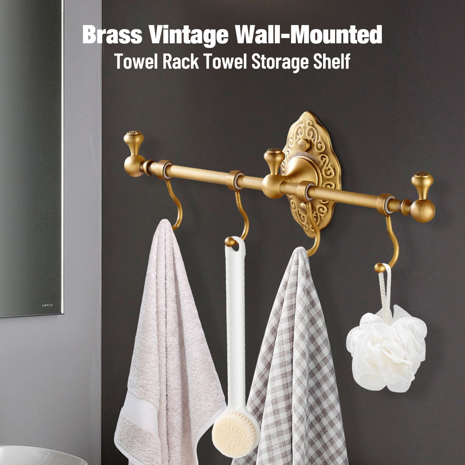 

Vintage Towel Storage Shelf Brass Towel Bar Holder Wall-mounted Rack W/ 4 Hooks