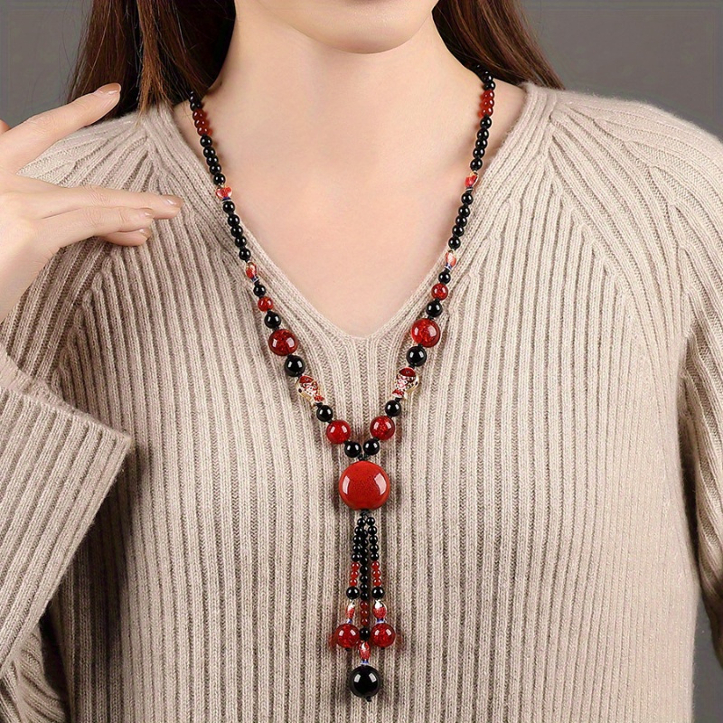 

Tribal Style Agate Pendant Necklace For Women - Long Vintage Ethnic Charm - No , Accessory For Autumn Season