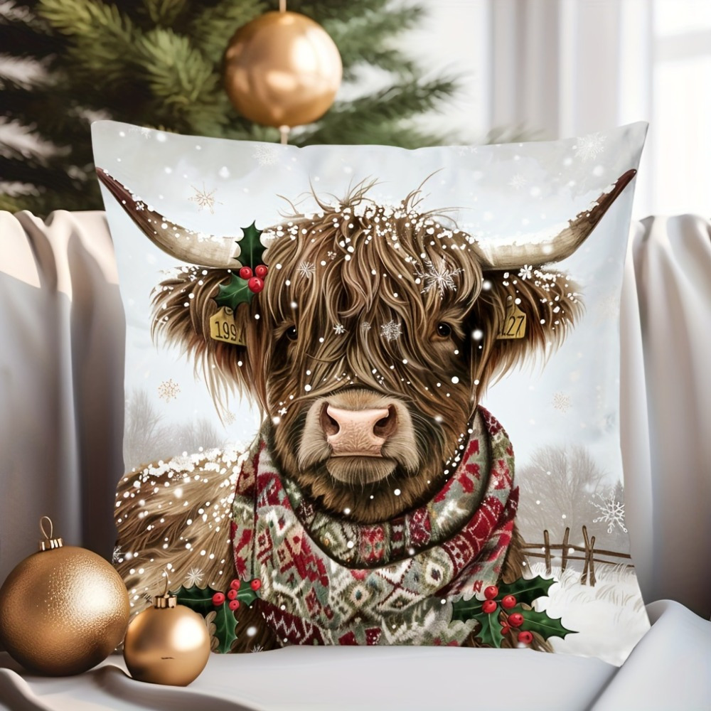 

Housse de Coussin en Peluche Vache de Noël - Polyester , Imprimé Simple Face pour Décoration de Canapé & Chambre