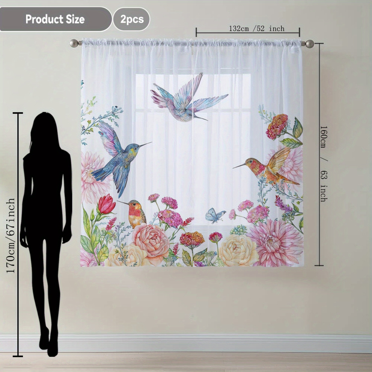 TEMU 2-pack Floral And Hummingbird Design Rod Pocket Sheer Drapes For Living Room, Uv-resistant Polyester Woven Voile Panels, Machine Washable