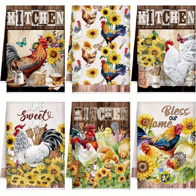 

6-pack Farmhouse Kitchen Dish Towels Set - Woven Polyester Rooster Hand Towels, Cartoon Chicken & Sunflower Design, Soft And Machine Washable, For Home Decor, 18x26 Inches