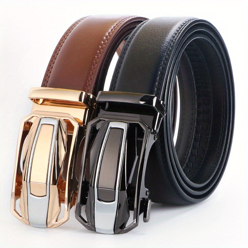 

2pcs Genuine Leather Ratchet Belt For Men - Adjustable Automatic , Casual , Alloy , High-quality Leather Panel, And Suitable For Any Occasionvalentine's Day