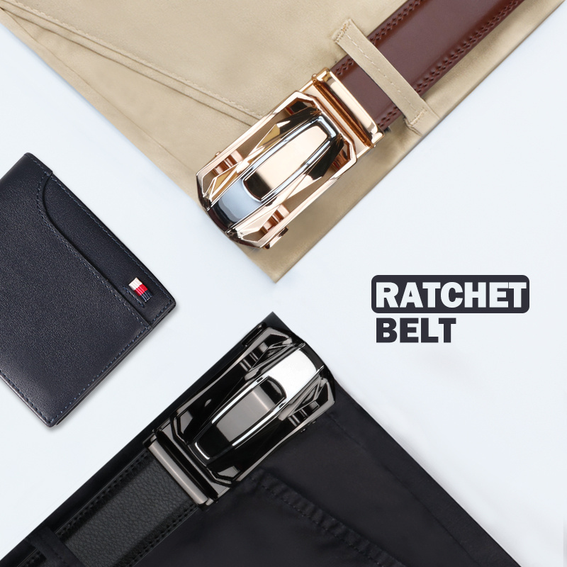 2 Pack Men's Leather Ratchet Belts with Automatic Buckle