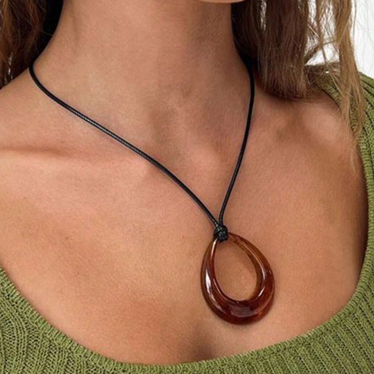 

1 Teardrop-shaped Geometric Resin Pendant With Leather Cord Necklace