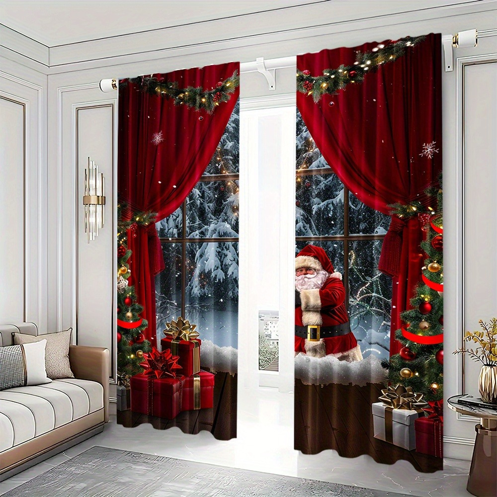 

2pcs, Santa Claus Christmas Curtains - Digital Printing, Pole Mouth Design, Polyester - Living Room, Kitchen, Bedroom, Etc. - Decoration (excluding Poles)