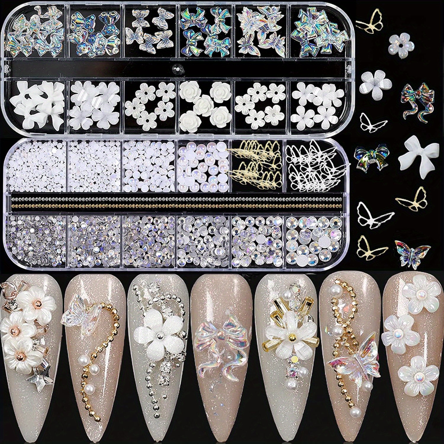 

2pcs Luxurious Nail Art Decoration Kit With Sparkling Crystals & Pearls - Includes Aurora , Flower, Bow Designs In Organizer Boxes - Ideal For Diy Nail Art & Crafts, Easy To Apply On Artificial Nails